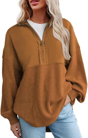 SHEWIN Womens Sweatshirt Casual Waffle Knit Half Zip Pullover Loose Long Sleeve Tops Fall Outfit Clothes 2025