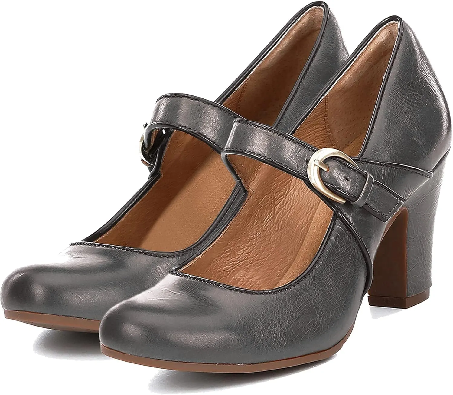 SHODENSE Vintage Chunky Block Heel Mary Jane Pumps Women Silver Ankle Strap Round Toe Dress Sandals 3'' High Lolita Shoes Two-Toned Buckle Retro Lady Office Wedding Fall Matte 9.5 Matte Cement Grey