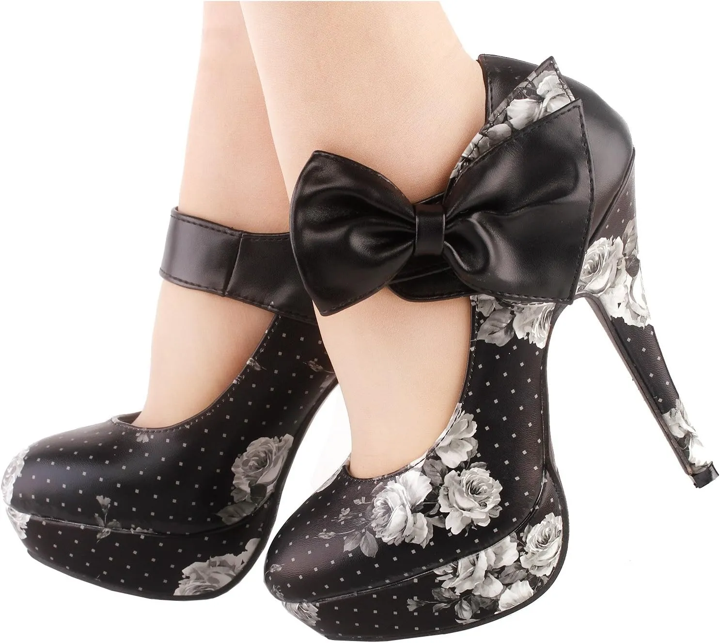 SHOW STORY Sexy Ladies Bow Ankle Strap Stiletto Platform Pumps Shoes,LF30412