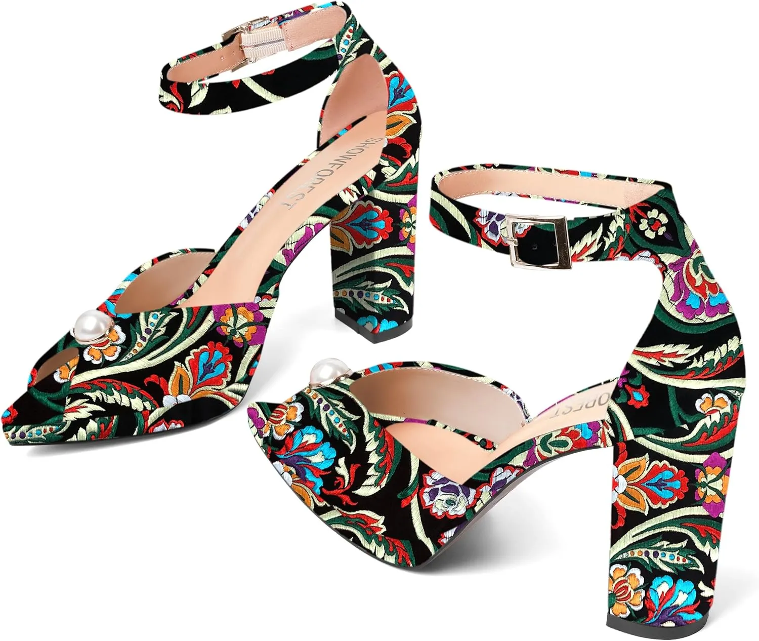 SHOWFOREST Womens Dating Peep Toe Platform Dress Patent Buckle Adjustable Strap Block High Heel Pumps Shoes 4 Inch