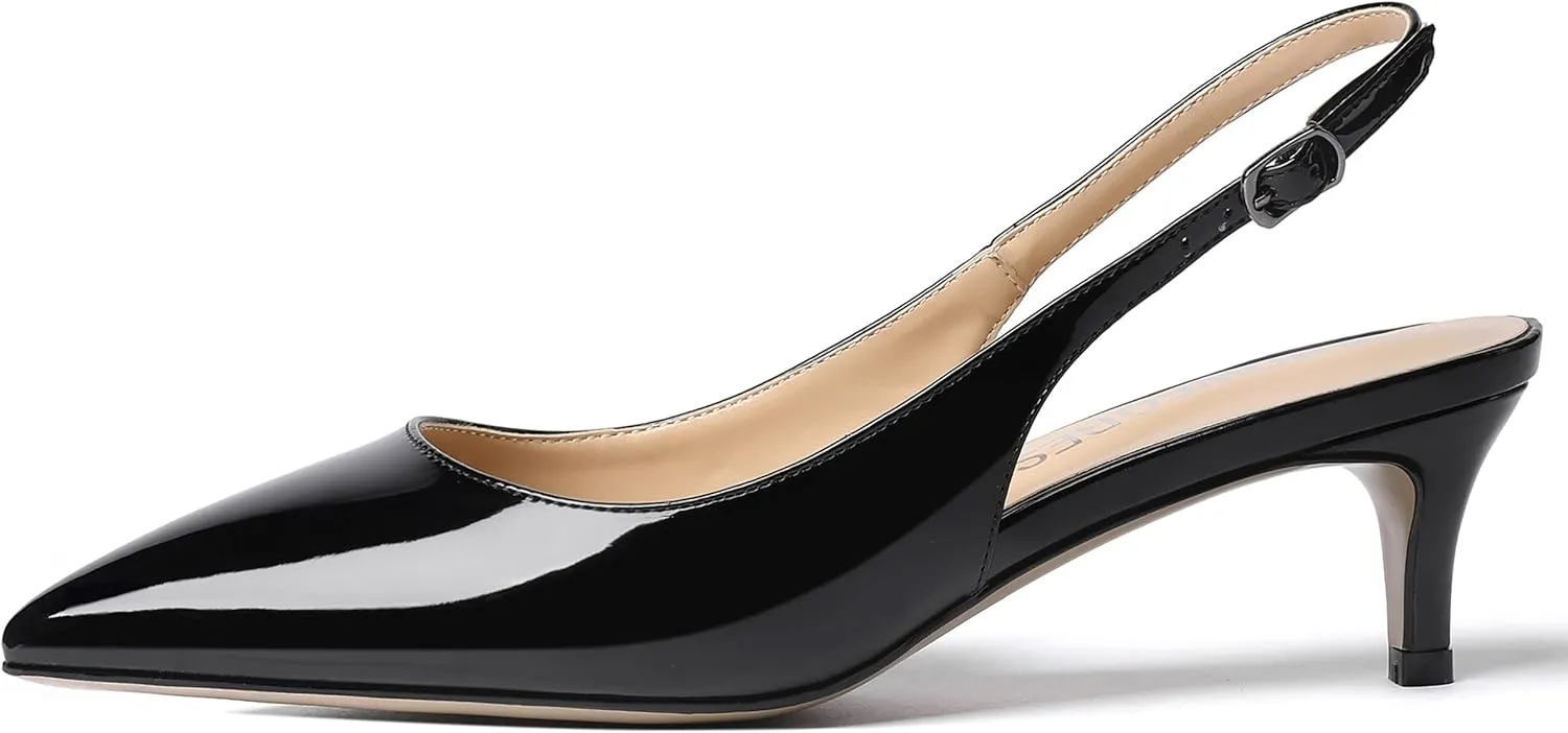 SHOWFOREST Women's Sexy Patent Dating Slingback Pointed Toe Slip On Kitten Low Heel Pumps Shoes 2 Inch