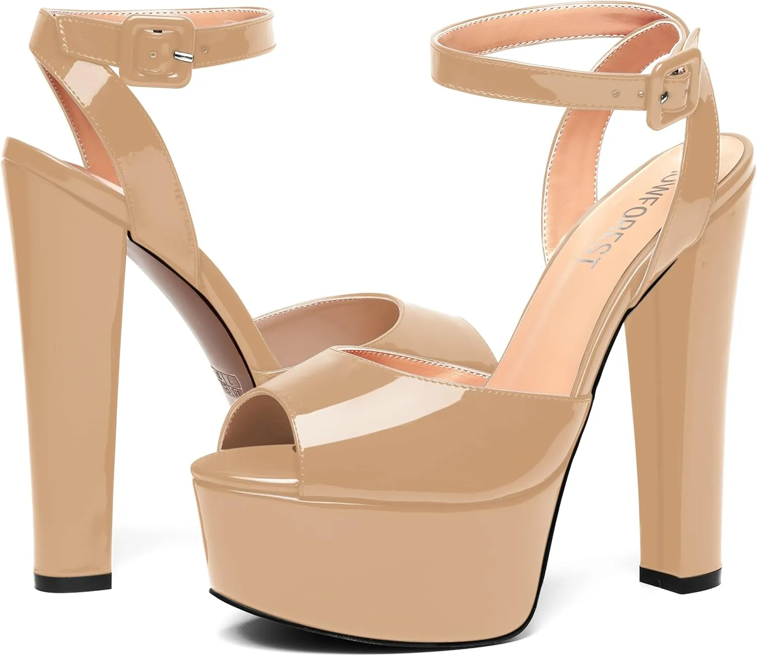 SHOWFOREST Womens Sexy Patent Platform Peep Toe Ankle Strap Buckle Party Block High Heel Pumps Shoes 6 Inch