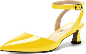 SKYSTERRY Women's Slingback Pointed Toe Ankle Strap Buckle Dating Cute Patent Spool Low Heel Pumps Shoes 2 Inch