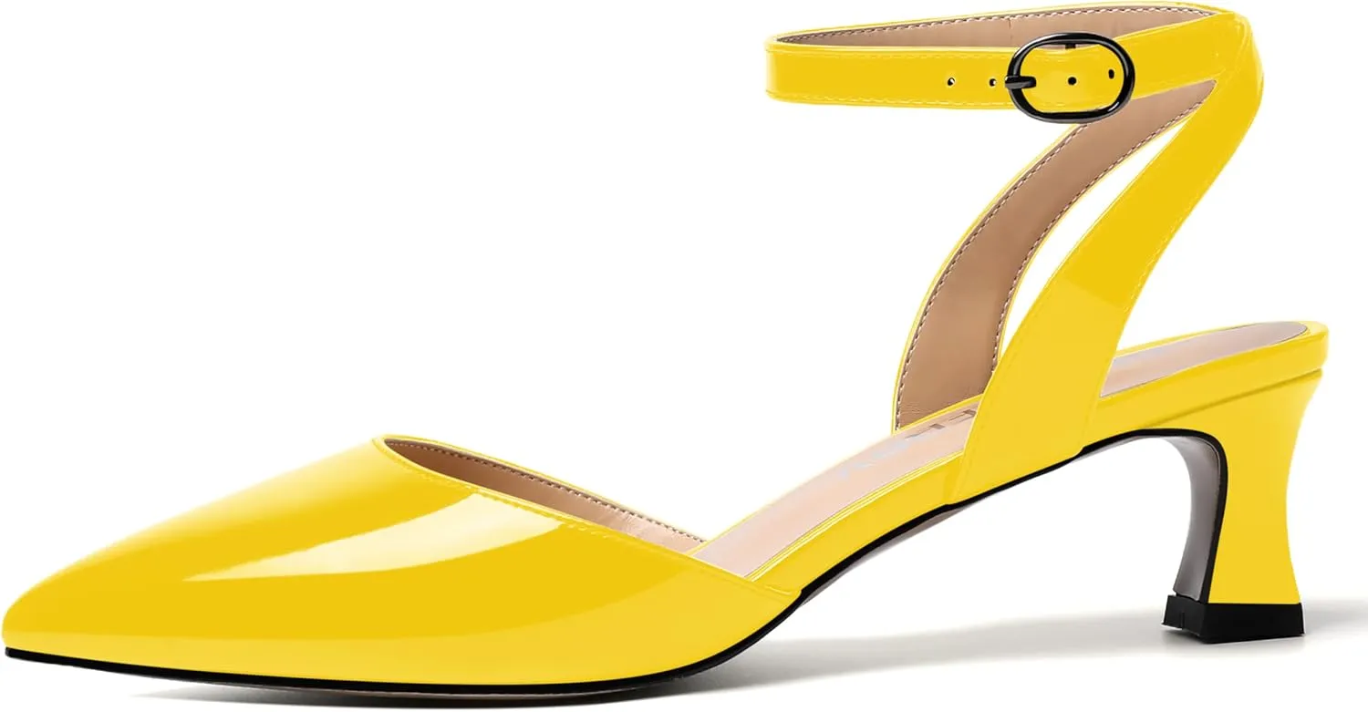 SKYSTERRY Women's Slingback Pointed Toe Ankle Strap Buckle Dating Cute Patent Spool Low Heel Pumps Shoes 2 Inch