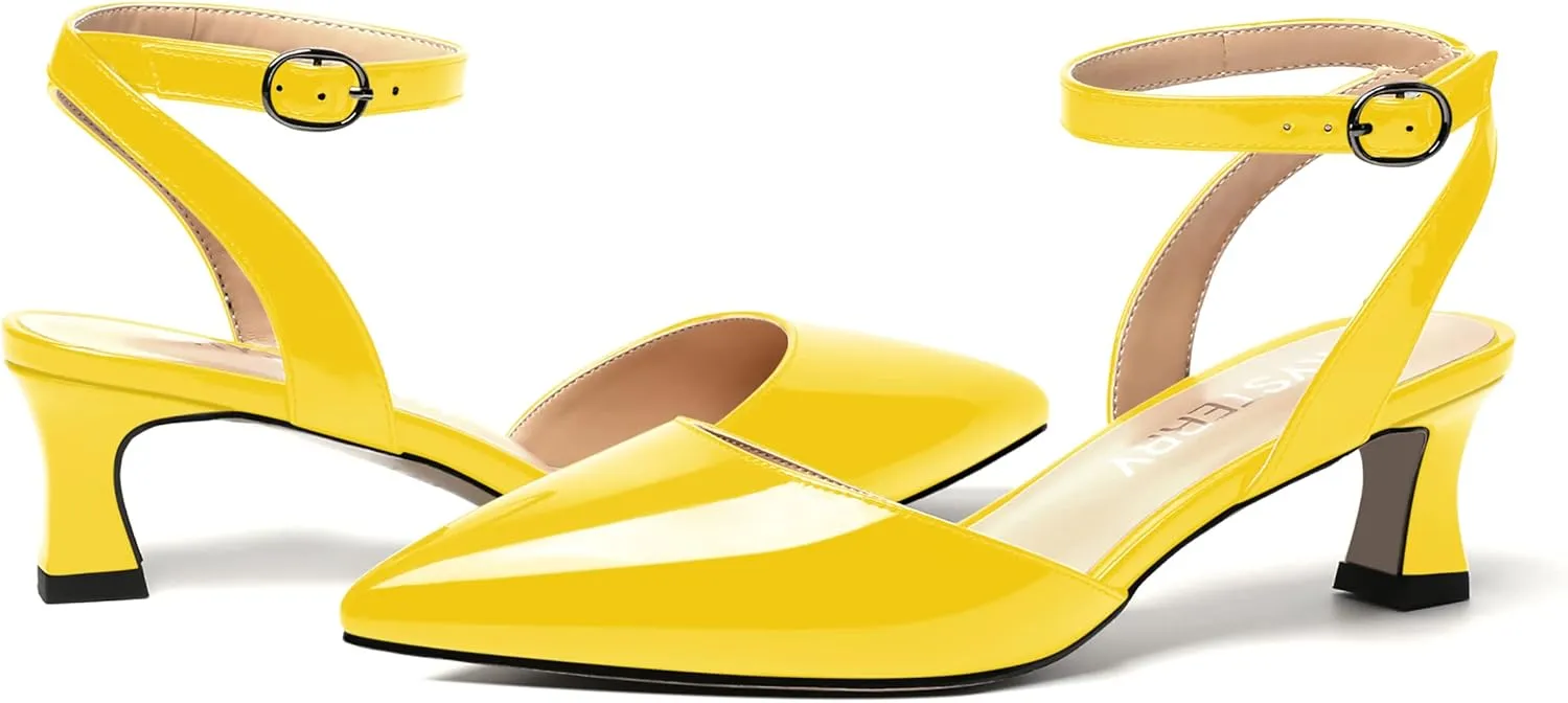 SKYSTERRY Women's Slingback Pointed Toe Ankle Strap Buckle Dating Cute Patent Spool Low Heel Pumps Shoes 2 Inch