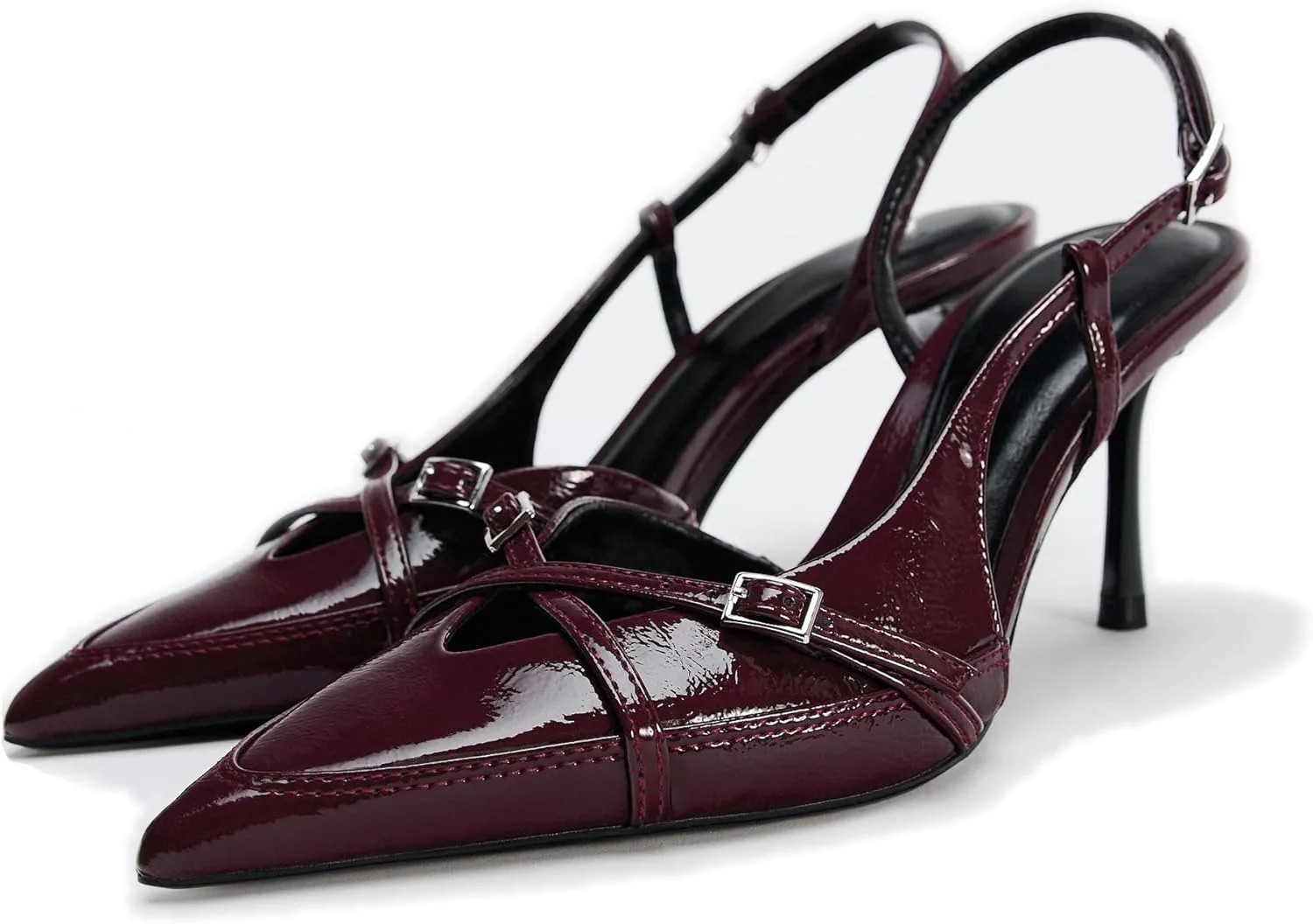 Slingback Heels for Women Closed Pointed Toe Kitten Dress Pumps with Buckle Straps Stiletto Work High Heels Denim Heeled Sandal