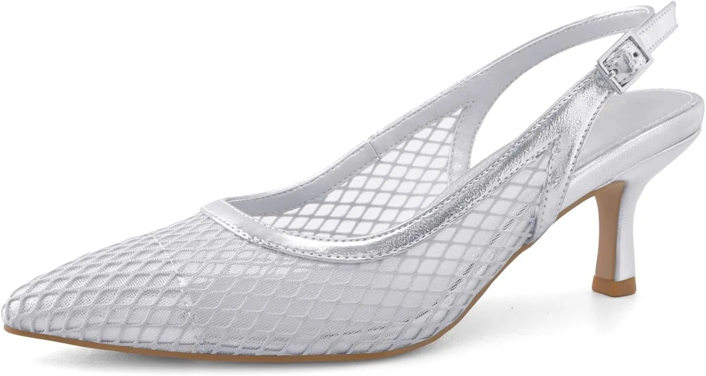 Slingback Heels for Women Kitten Heels Mesh Gauze Pumps Pointed Toe Stiletto Sandals Wedding Dress Shoes