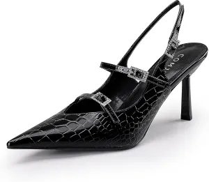 Slingback Heels for Women with Crystal Straps Pointed Toe Dress Sandals with Kitten Heel for Wedding Office Party or Formal Events