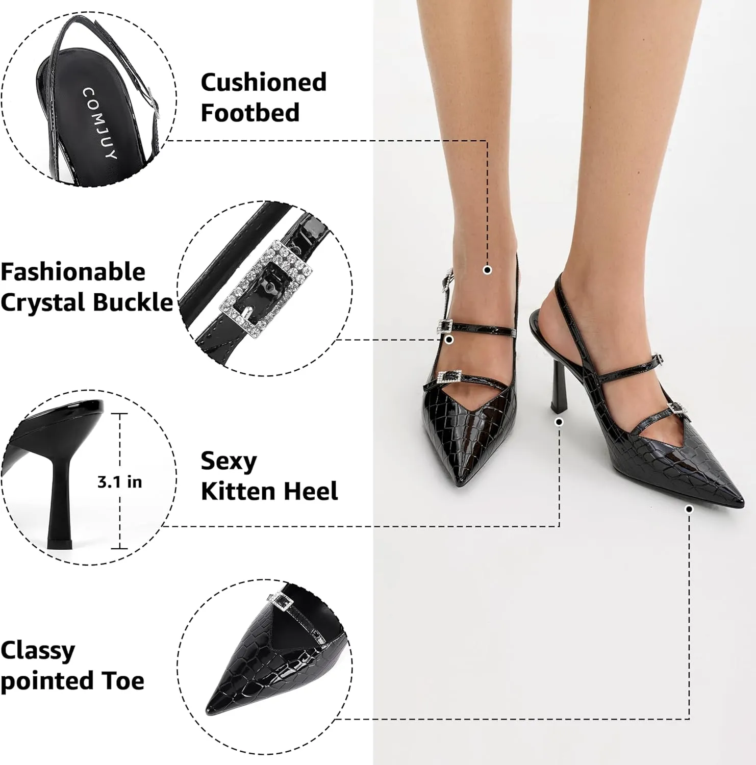 Slingback Heels for Women with Crystal Straps Pointed Toe Dress Sandals with Kitten Heel for Wedding Office Party or Formal Events