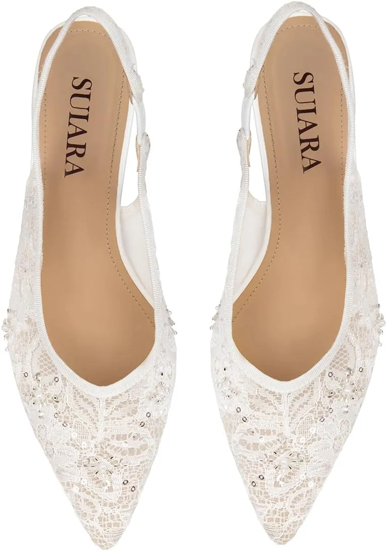 Slingback Wedding Heels for Women Bridal Lace Mesh Kitten Heel Closed Pointed Toe Pearl Pumps Shoes