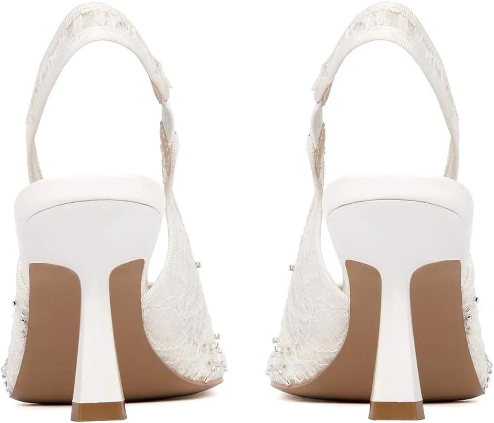 Slingback Wedding Heels for Women Bridal Lace Mesh Kitten Heel Closed Pointed Toe Pearl Pumps Shoes