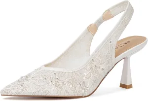 Slingback Wedding Heels for Women Bridal Lace Mesh Kitten Heel Closed Pointed Toe Pearl Pumps Shoes