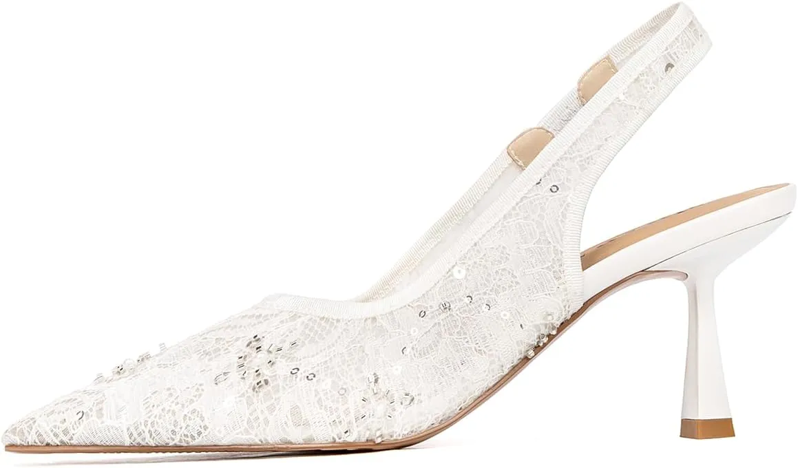 Slingback Wedding Heels for Women Bridal Lace Mesh Kitten Heel Closed Pointed Toe Pearl Pumps Shoes