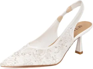 Slingback Wedding Heels for Women Bridal Lace Mesh Kitten Heel Closed Pointed Toe Pearl Pumps Shoes