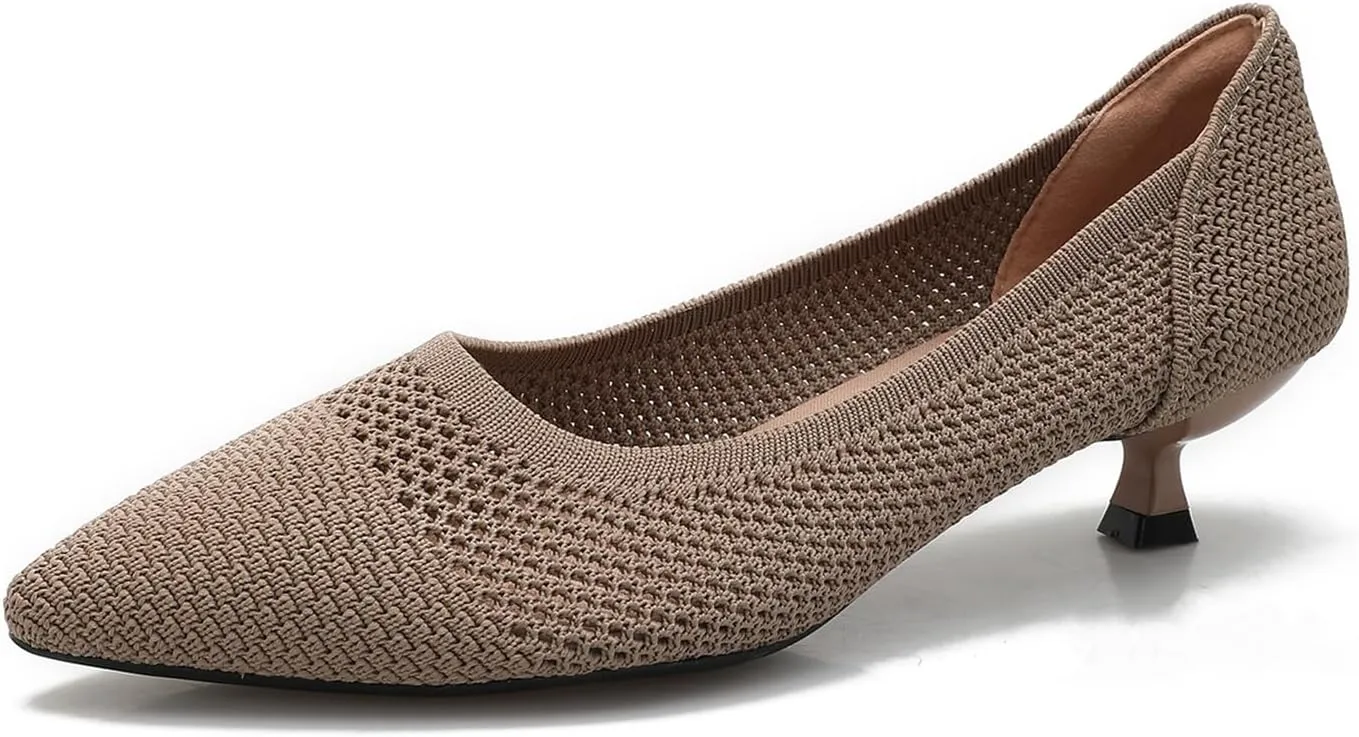 Slip On Kitten Pumps for Women Casual Pointed Toe Knit Heels Women's Closed Toe Low Kitten Heels Meeting Daily Work Dress Shoes Breathable Mesh 1.5"
