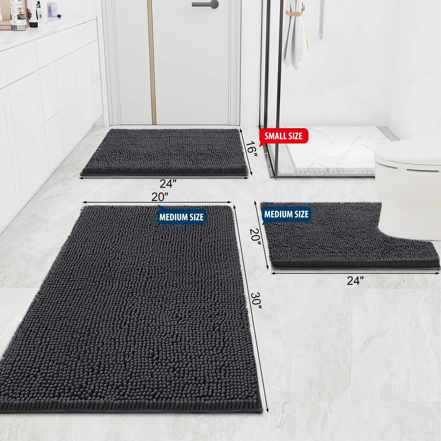 Smiry Luxury Chenille Bathroom Rugs 30x20, Extra Soft and Absorbent Shaggy Bath Mat, Machine Washable, Non-Slip Plush Carpet Runner for Tub, Shower, and Floor, Home Decor Accessories, Charcoal Grey