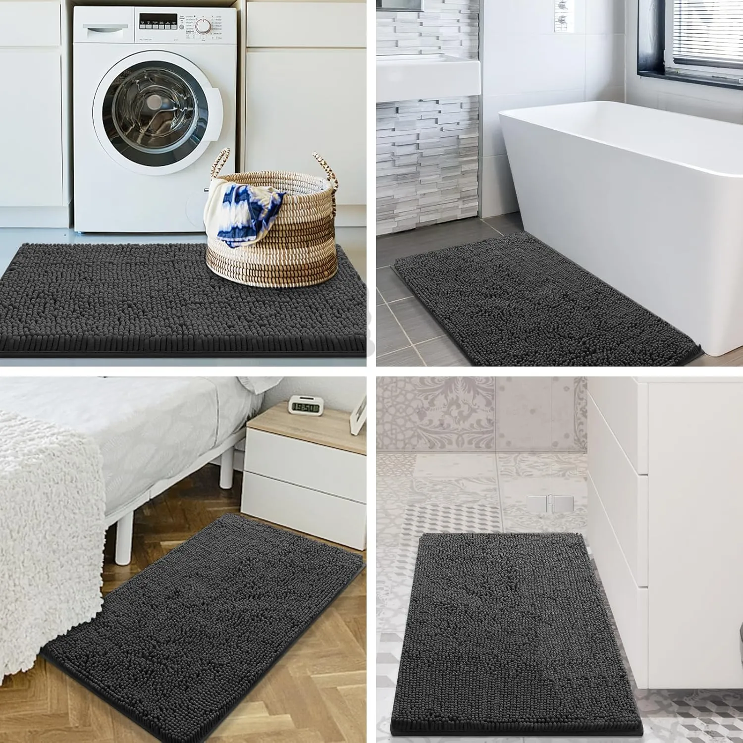 Smiry Luxury Chenille Bathroom Rugs 30x20, Extra Soft and Absorbent Shaggy Bath Mat, Machine Washable, Non-Slip Plush Carpet Runner for Tub, Shower, and Floor, Home Decor Accessories, Charcoal Grey