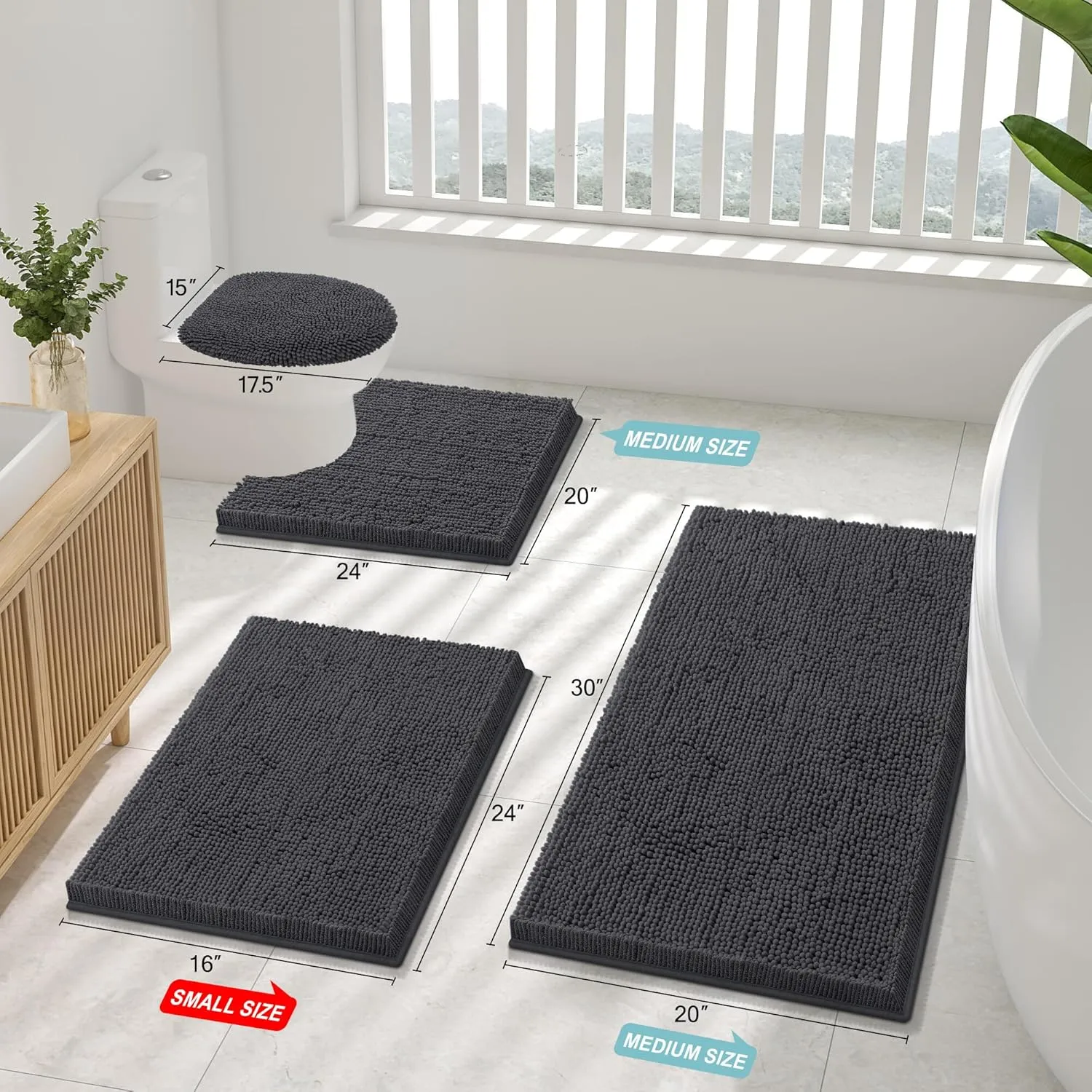Smiry Luxury Chenille Bathroom Rugs 30x20, Extra Soft and Absorbent Shaggy Bath Mat, Machine Washable, Non-Slip Plush Carpet Runner for Tub, Shower, and Floor, Home Decor Accessories, Charcoal Grey