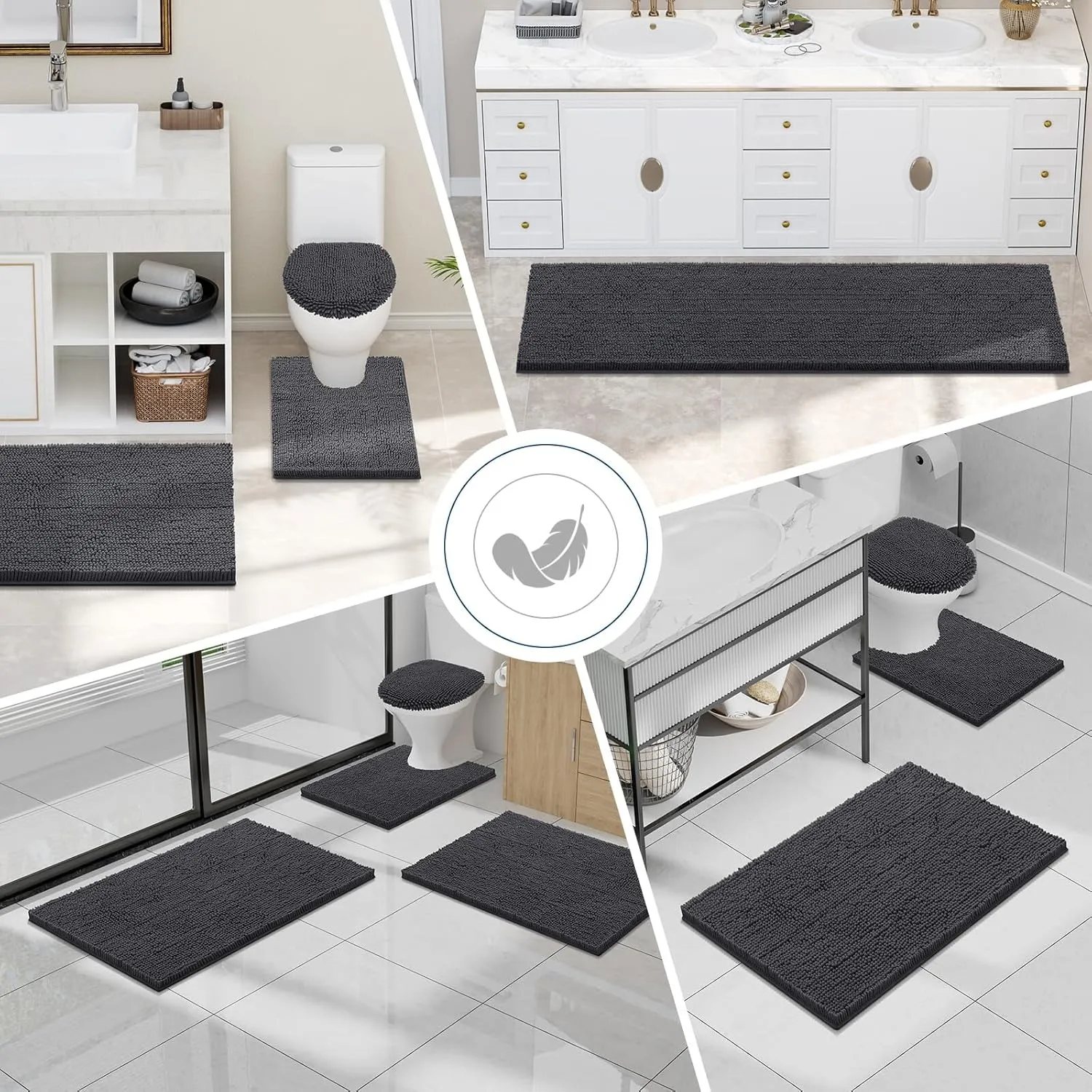 Smiry Luxury Chenille Bathroom Rugs 30x20, Extra Soft and Absorbent Shaggy Bath Mat, Machine Washable, Non-Slip Plush Carpet Runner for Tub, Shower, and Floor, Home Decor Accessories, Charcoal Grey