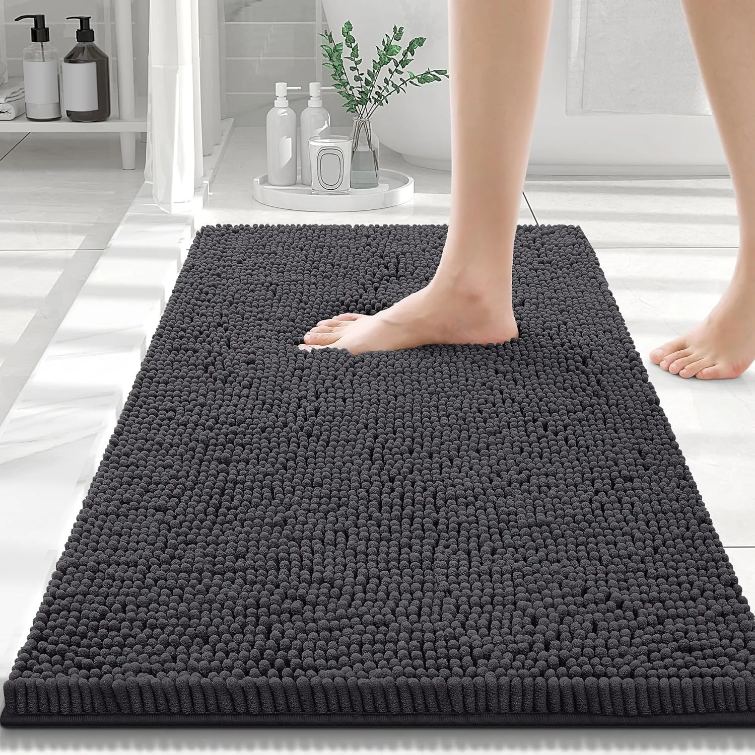 Smiry Luxury Chenille Bathroom Rugs 30x20, Extra Soft and Absorbent Shaggy Bath Mat, Machine Washable, Non-Slip Plush Carpet Runner for Tub, Shower, and Floor, Home Decor Accessories, Charcoal Grey