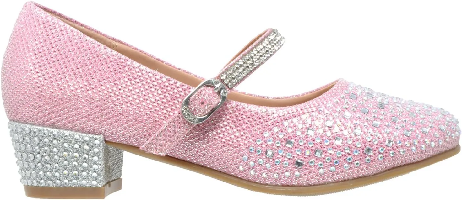SOBEYO Kids Dress Shoes Low Chunky Heel Mary Jane Girls Pumps Rhinestone Strap