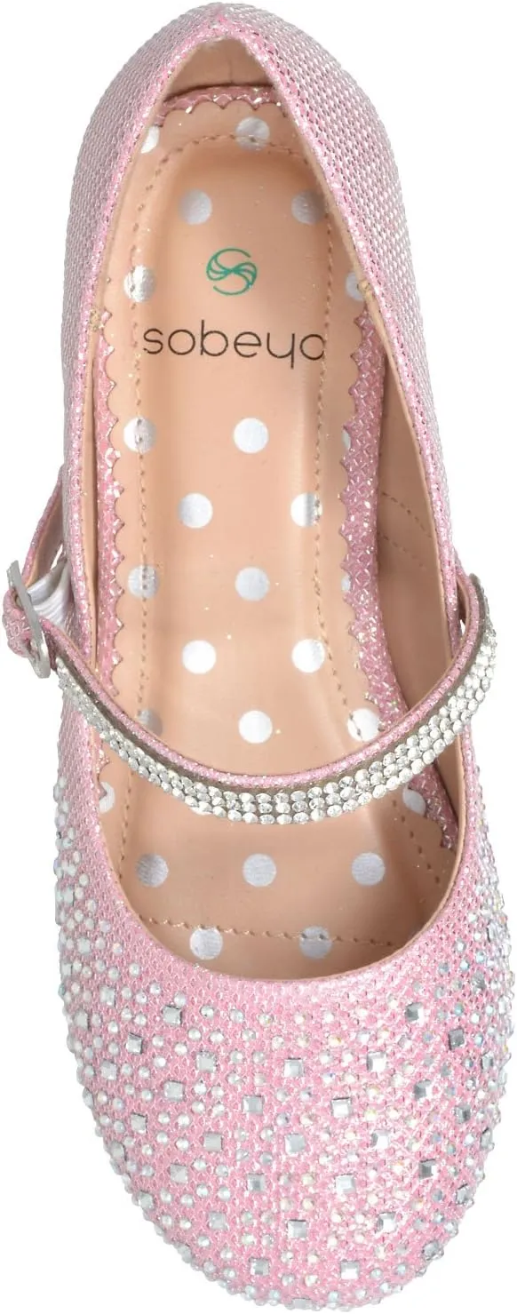 SOBEYO Kids Dress Shoes Low Chunky Heel Mary Jane Girls Pumps Rhinestone Strap