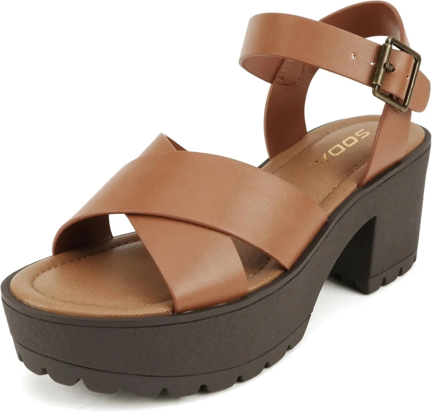 Soda “Joey” ~ Women Open Toe Criss Cross Strap Mid Heel Sandal with Adjustable Ankle Strap