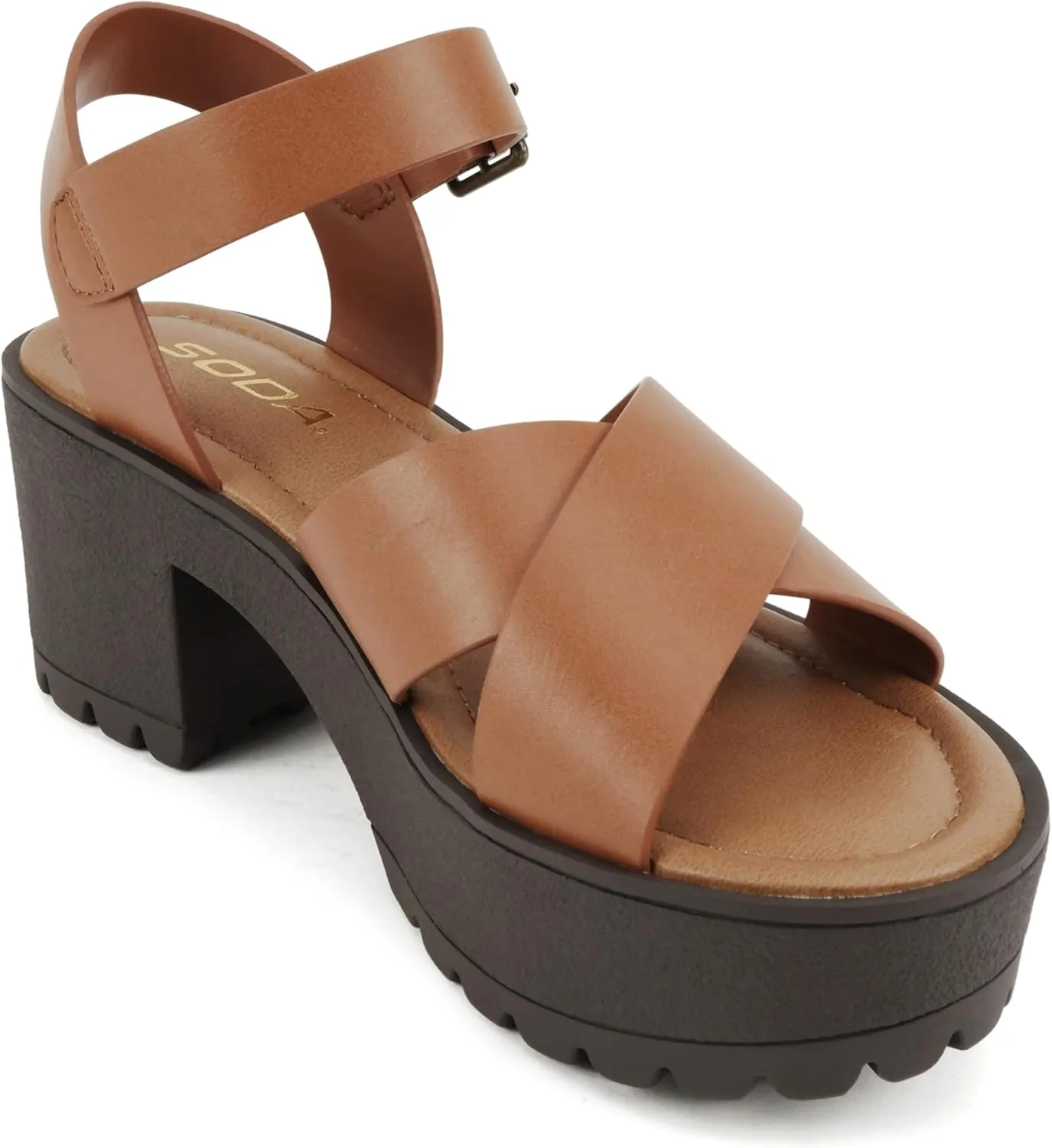 Soda “Joey” ~ Women Open Toe Criss Cross Strap Mid Heel Sandal with Adjustable Ankle Strap