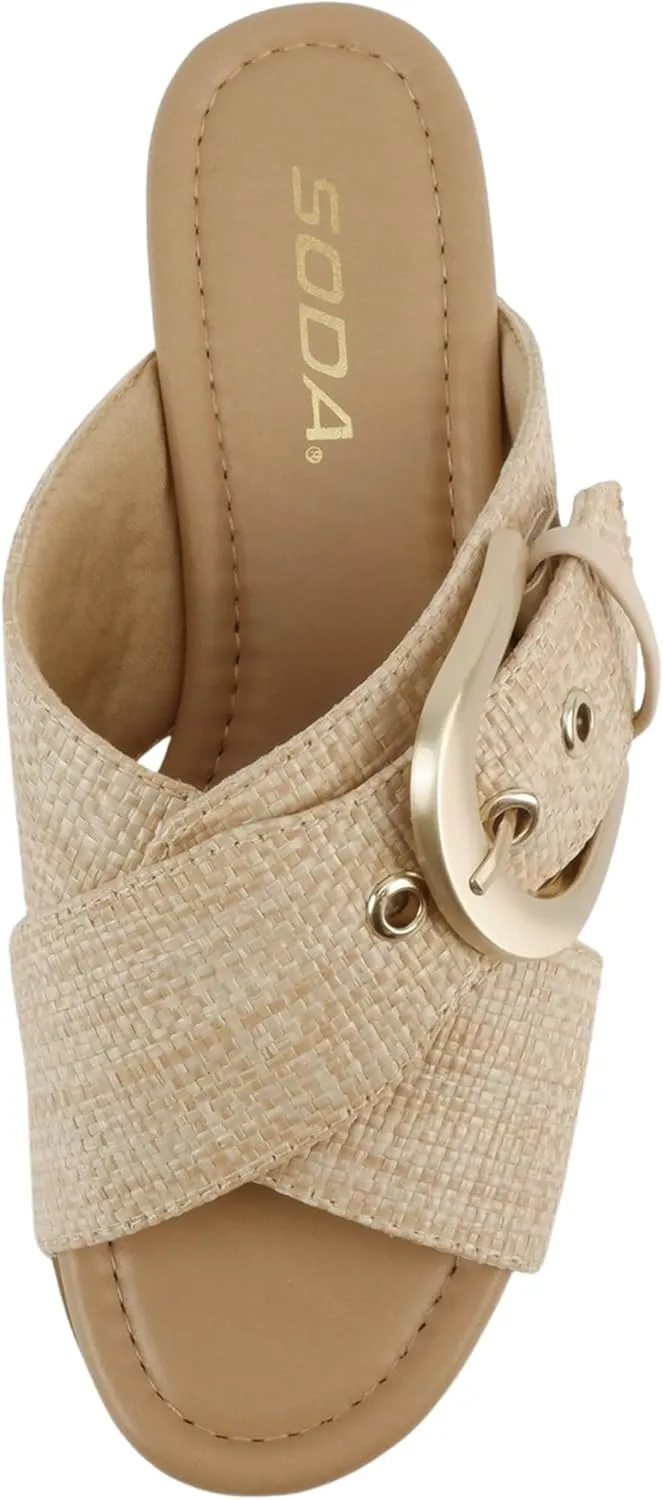 Soda “Ranger” ~ Women Open Toe Crisscross Band Wedge Sandals with Buckle Strap