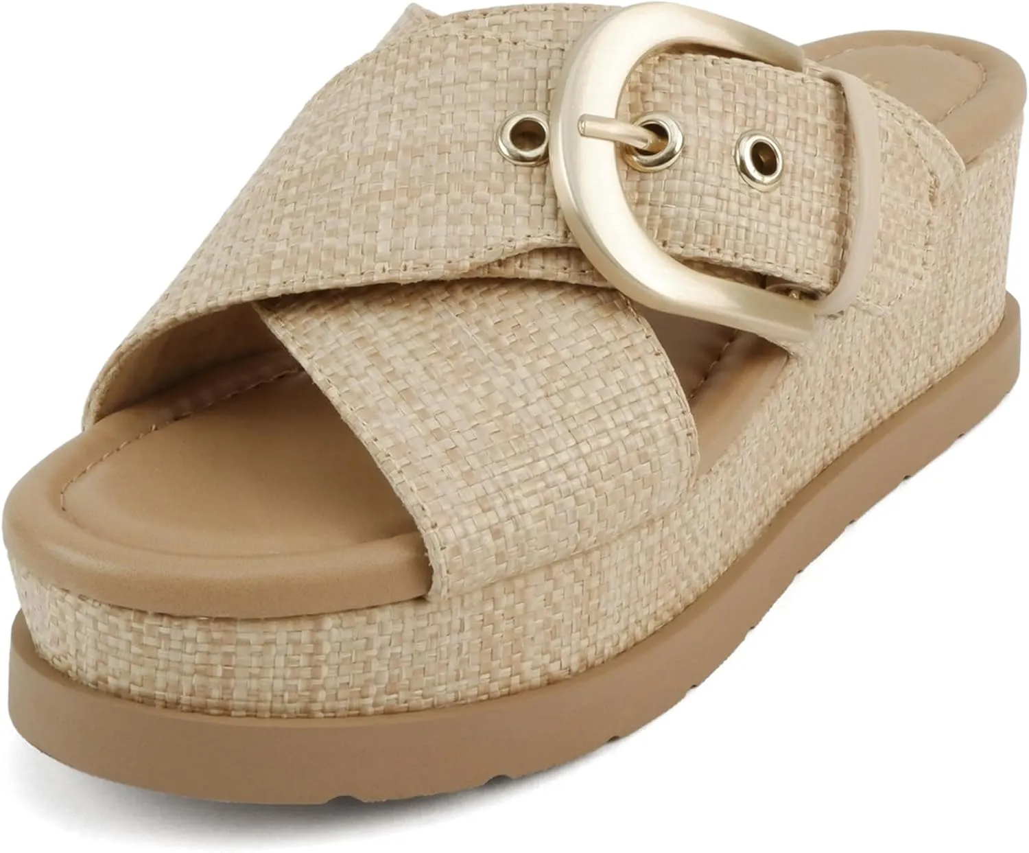 Soda “Ranger” ~ Women Open Toe Crisscross Band Wedge Sandals with Buckle Strap