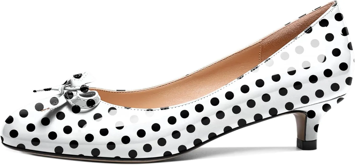 Soireelady Women Low Kitten Heels Round Toe Slip On Pumps Comfort Pumps Cute Bow Heels 1.5 Inch Patent Leather Dress Shoes
