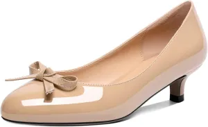 Soireelady Women Low Kitten Heels Round Toe Slip On Pumps Comfort Pumps Cute Bow Heels 1.5 Inch Patent Leather Dress Shoes