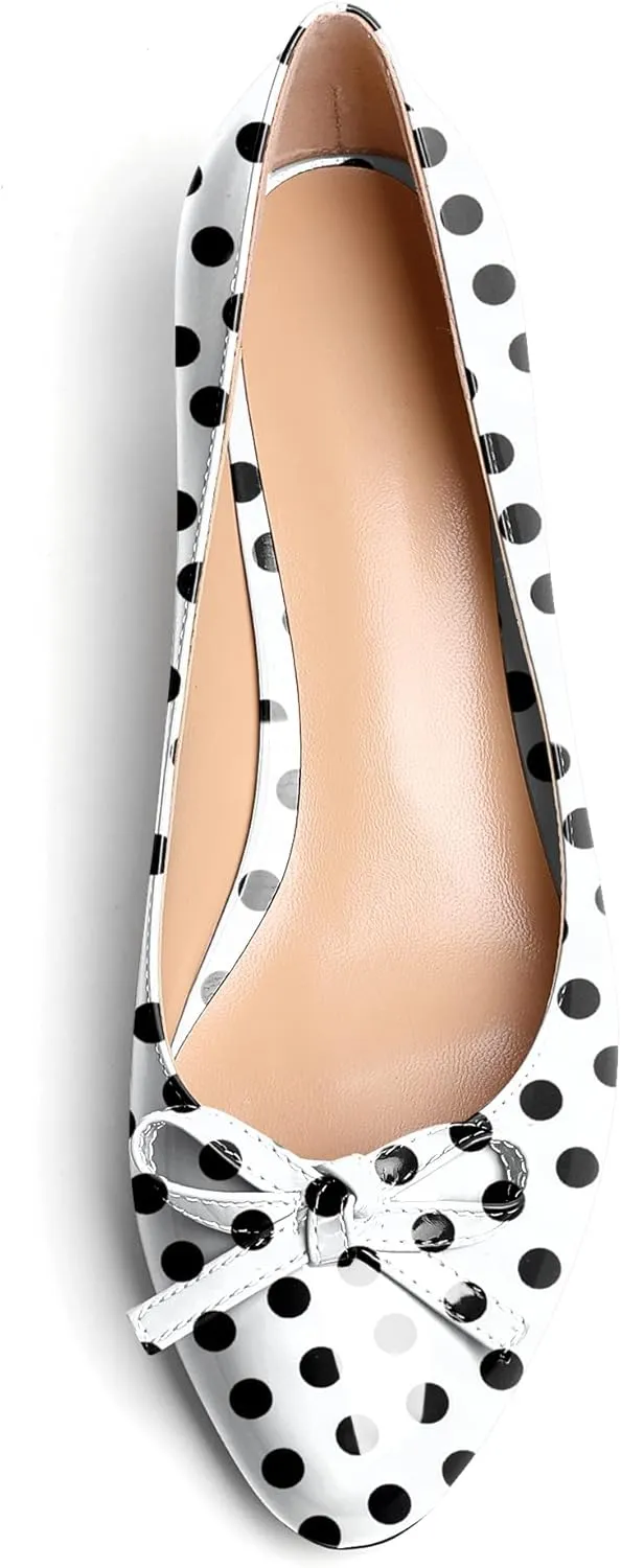 Soireelady Women Low Kitten Heels Round Toe Slip On Pumps Comfort Pumps Cute Bow Heels 1.5 Inch Patent Leather Dress Shoes