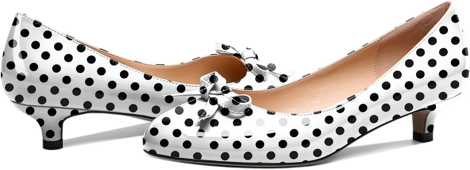 Soireelady Women Low Kitten Heels Round Toe Slip On Pumps Comfort Pumps Cute Bow Heels 1.5 Inch Patent Leather Dress Shoes