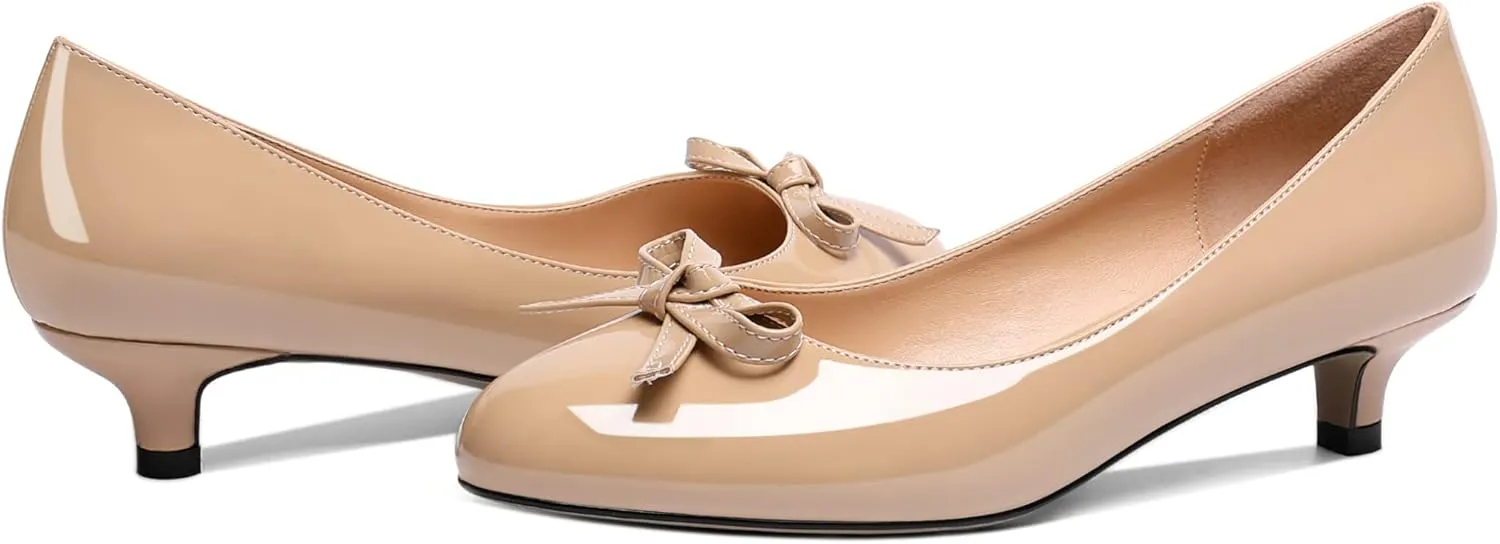 Soireelady Women Low Kitten Heels Round Toe Slip On Pumps Comfort Pumps Cute Bow Heels 1.5 Inch Patent Leather Dress Shoes