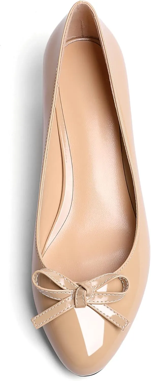 Soireelady Women Low Kitten Heels Round Toe Slip On Pumps Comfort Pumps Cute Bow Heels 1.5 Inch Patent Leather Dress Shoes