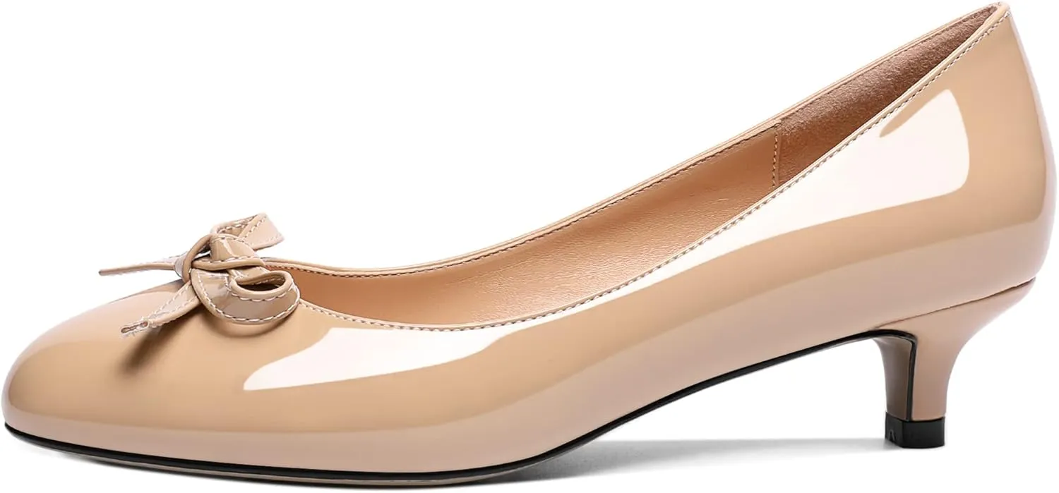 Soireelady Women Low Kitten Heels Round Toe Slip On Pumps Comfort Pumps Cute Bow Heels 1.5 Inch Patent Leather Dress Shoes