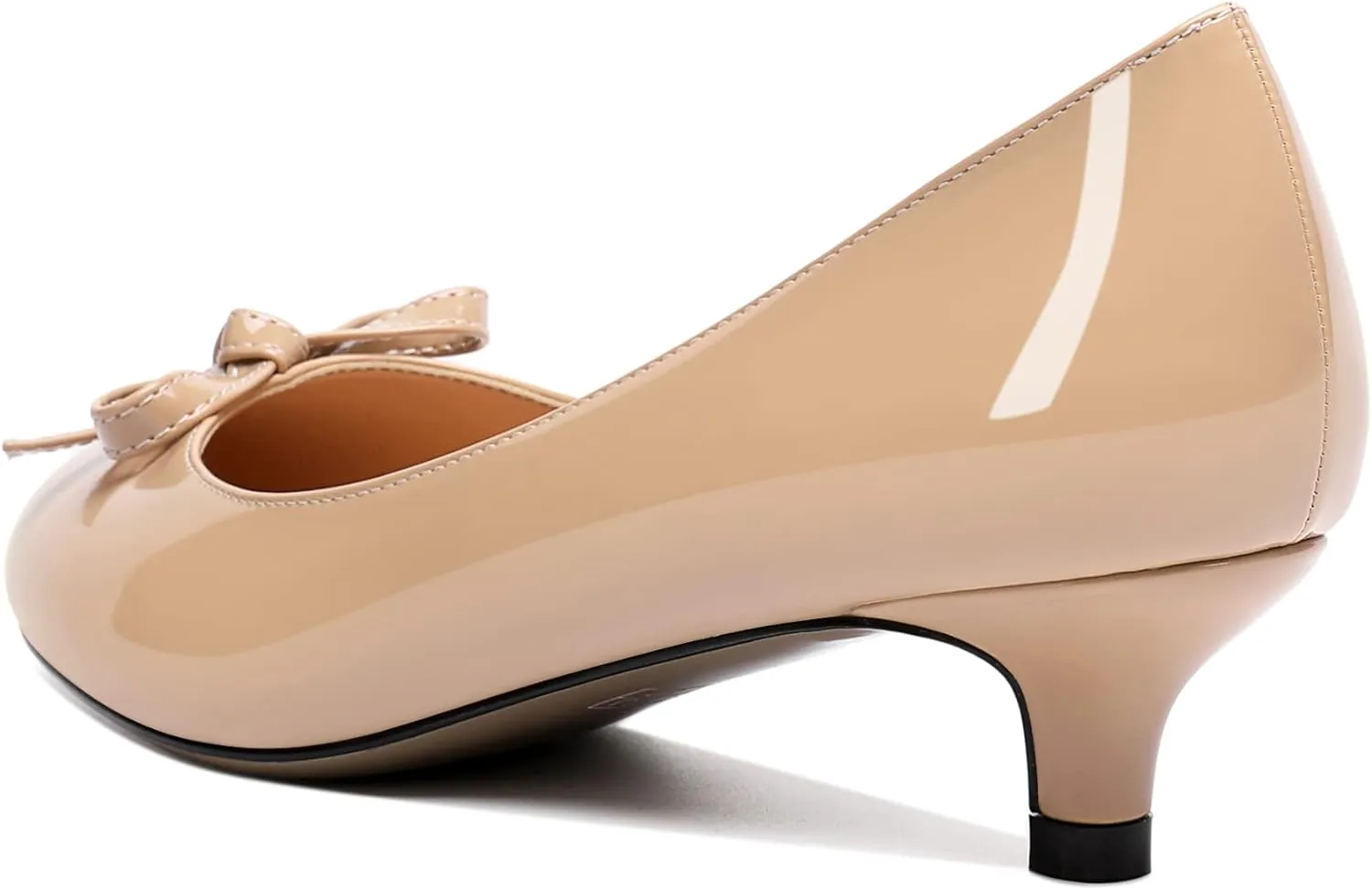 Soireelady Women Low Kitten Heels Round Toe Slip On Pumps Comfort Pumps Cute Bow Heels 1.5 Inch Patent Leather Dress Shoes
