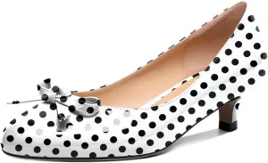 Soireelady Women Low Kitten Heels Round Toe Slip On Pumps Comfort Pumps Cute Bow Heels 1.5 Inch Patent Leather Dress Shoes