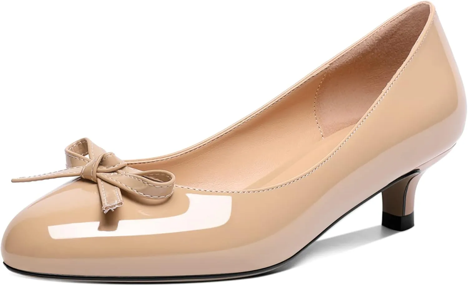 Soireelady Women Low Kitten Heels Round Toe Slip On Pumps Comfort Pumps Cute Bow Heels 1.5 Inch Patent Leather Dress Shoes