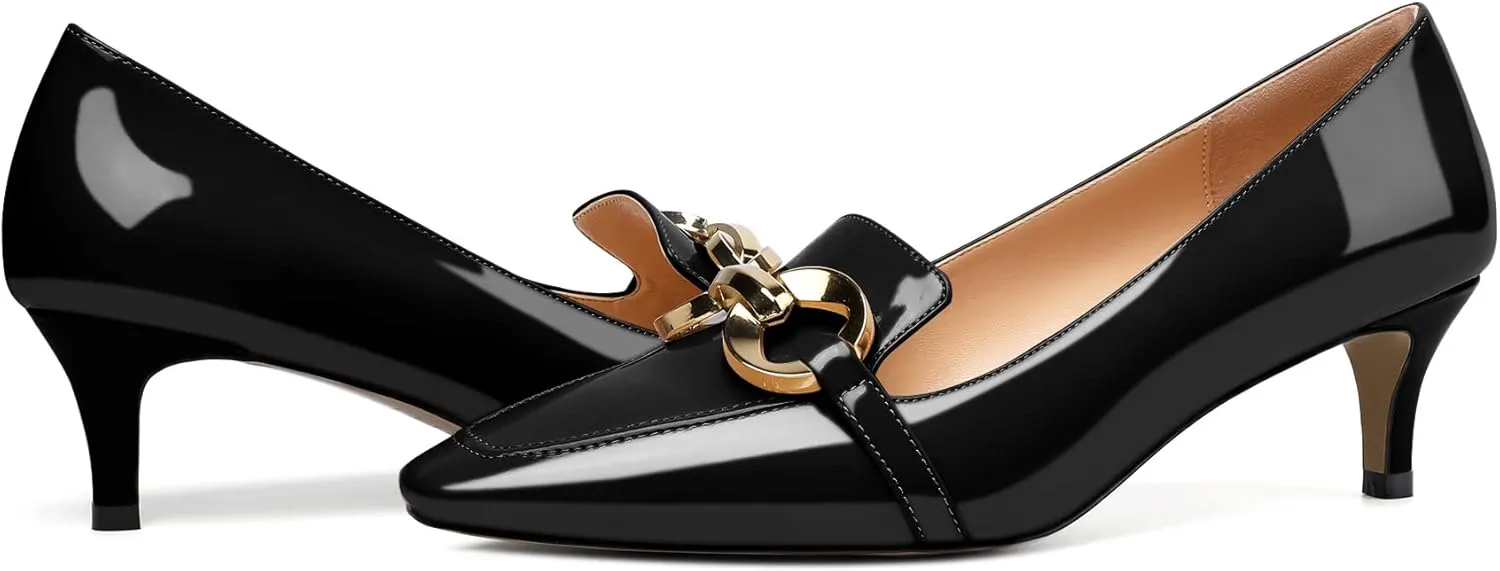 Soireelady Women’s Kitten Heel Pumps Square Toe Low Heel Shoes Metal Buckle Design Slip On Heels Classic Retro Comfort Office Formal Shoes 2Inch