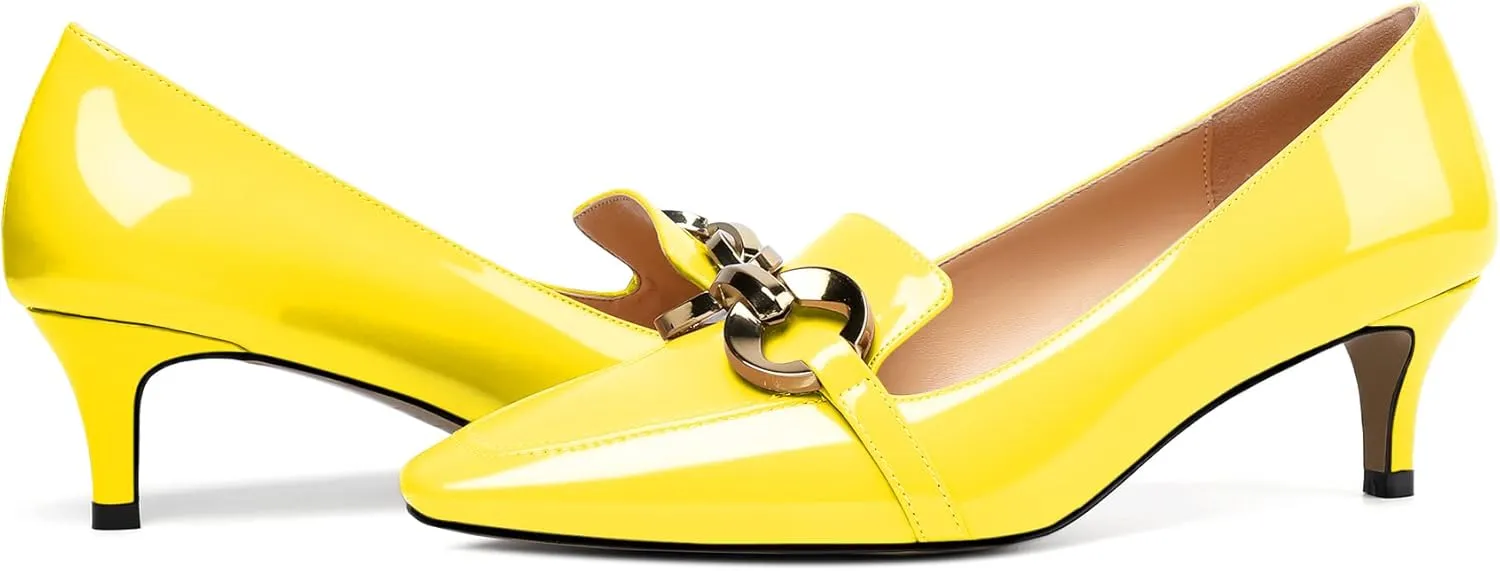 Soireelady Women’s Kitten Heel Pumps Square Toe Low Heel Shoes Metal Buckle Design Slip On Heels Classic Retro Comfort Office Formal Shoes 2Inch