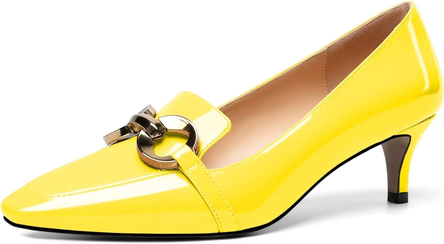 Soireelady Women’s Kitten Heel Pumps Square Toe Low Heel Shoes Metal Buckle Design Slip On Heels Classic Retro Comfort Office Formal Shoes 2Inch