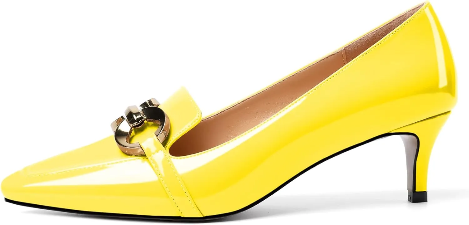 Soireelady Women’s Kitten Heel Pumps Square Toe Low Heel Shoes Metal Buckle Design Slip On Heels Classic Retro Comfort Office Formal Shoes 2Inch