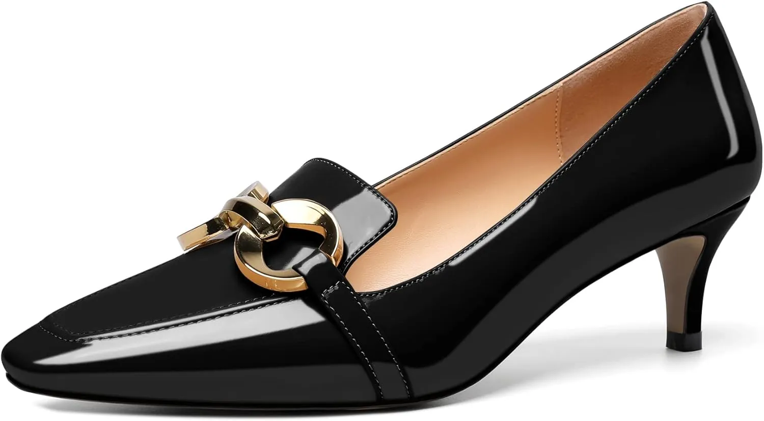 Soireelady Women’s Kitten Heel Pumps Square Toe Low Heel Shoes Metal Buckle Design Slip On Heels Classic Retro Comfort Office Formal Shoes 2Inch
