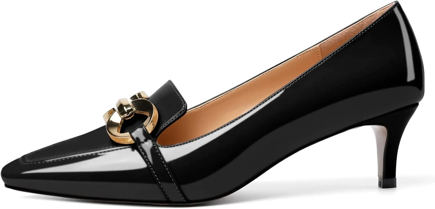Soireelady Women’s Kitten Heel Pumps Square Toe Low Heel Shoes Metal Buckle Design Slip On Heels Classic Retro Comfort Office Formal Shoes 2Inch