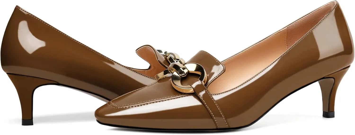 Soireelady Women’s Kitten Heel Pumps Square Toe Low Heel Shoes Metal Buckle Design Slip On Heels Classic Retro Comfort Office Formal Shoes 2Inch