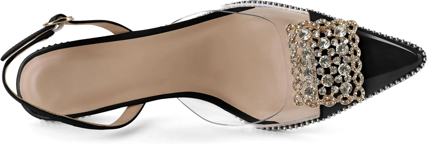 Soireelady Womens Low Kitten Slingback Heel Pumps Transparent Clear PVC Shoes Pointed Toe Slip On Crystal Rhinestones Dress Shoes 2.5 Inches