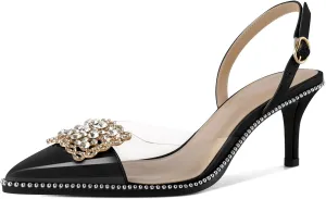 Soireelady Womens Low Kitten Slingback Heel Pumps Transparent Clear PVC Shoes Pointed Toe Slip On Crystal Rhinestones Dress Shoes 2.5 Inches