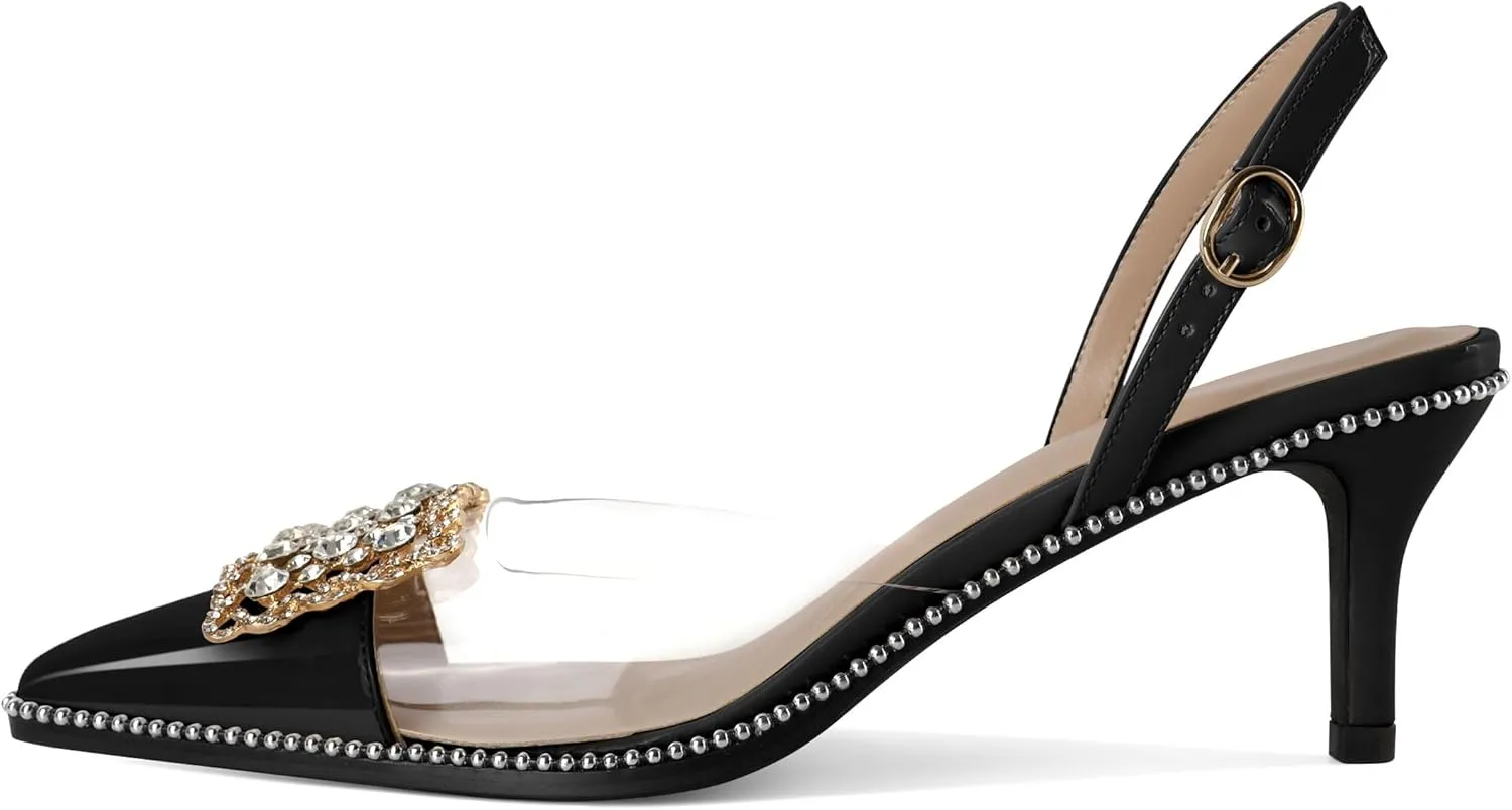 Soireelady Womens Low Kitten Slingback Heel Pumps Transparent Clear PVC Shoes Pointed Toe Slip On Crystal Rhinestones Dress Shoes 2.5 Inches